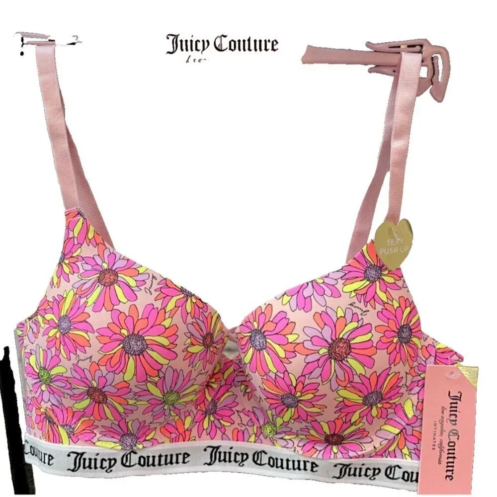 Juicy Couture 36C Pink Floral Print Logo Sculpted Underwire Padded Push-Up Bra